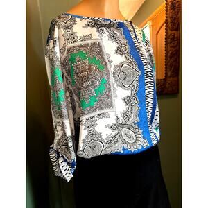 CHICO'S Paisley Silky Tunic Top Size Medium 3/4 Sleeves Blue Black Green